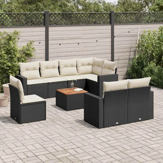 vidaXL 9-delssæt polyrattan sort med hynder