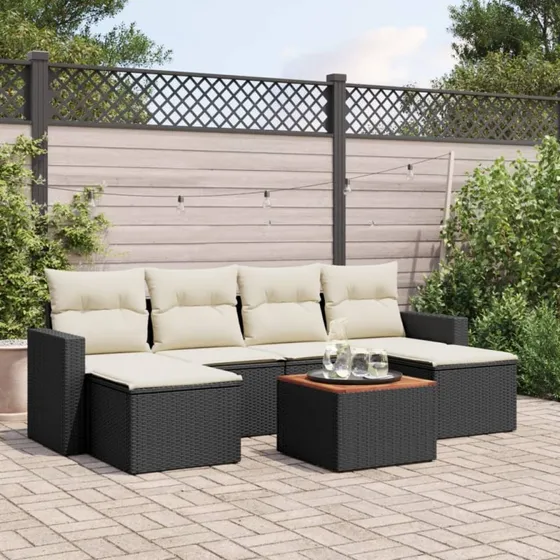 vidaXL 7-delssofasæt med hynder i polyrattan sort