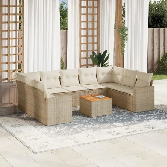 vidaXL 10-deligt havesofasæt med hynder i polyrattan beige