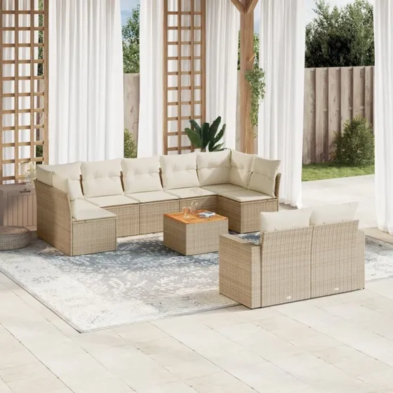 vidaXL 10-deligt havesofasæt med hynder i polyrattan beige