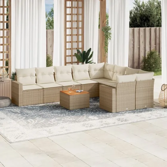 vidaXL 10-deligt havesofasæt med hynder i polyrattan beige
