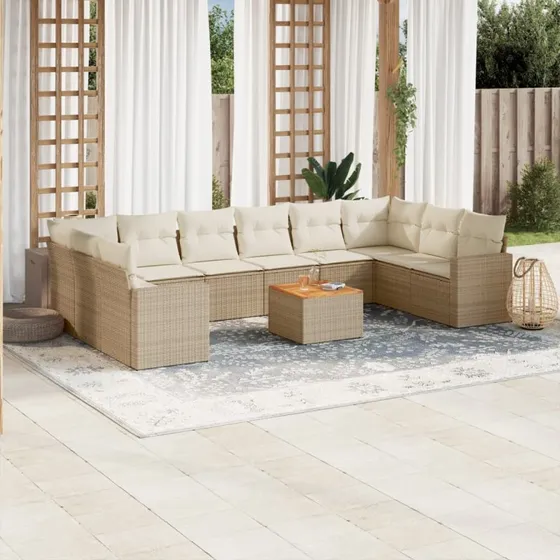 vidaXL 11-delssofasæt med hynder, polyrattan, beige