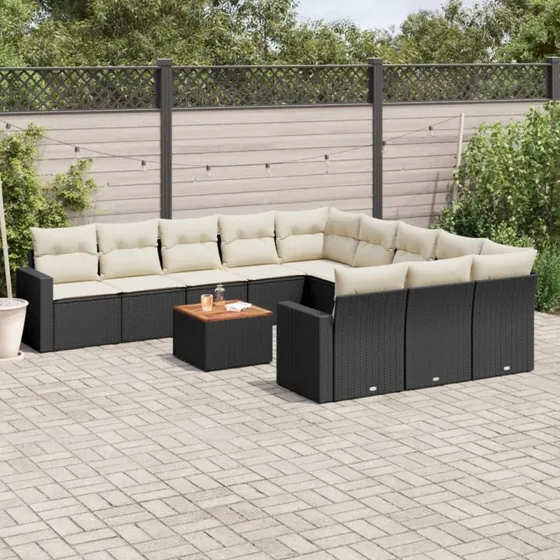 vidaXL 12-delssofasæt med hynder i polyrattan, sort