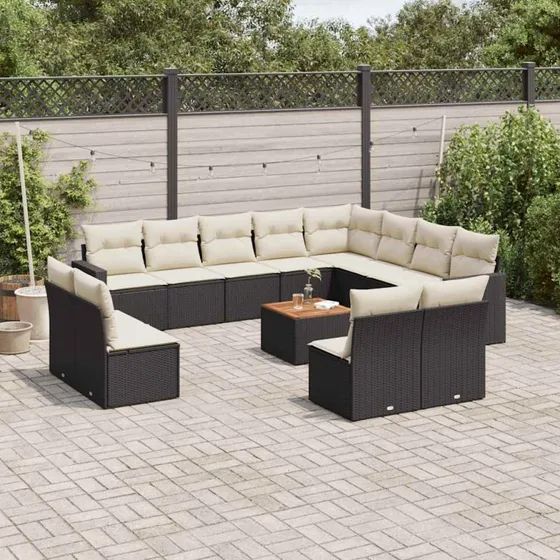 vidaXL 13-delssofasæt med hynder, polyrattan, sort