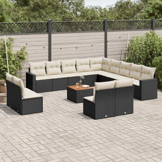 vidaXL 14-delssofasæt med hynder i polyrattan, sort