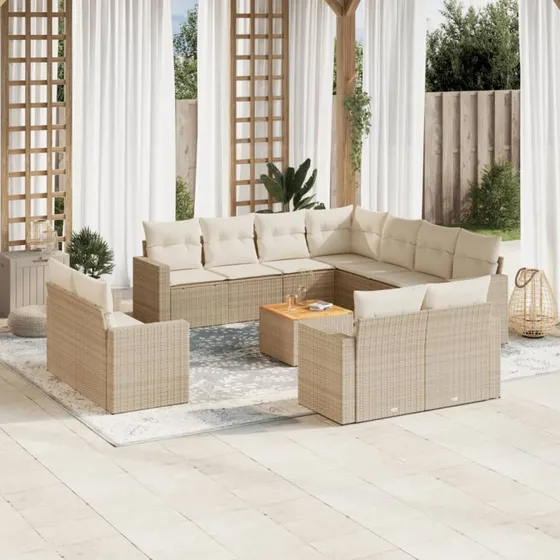 vidaXL 12-delssofasæt med hynder i polyrattan, beige