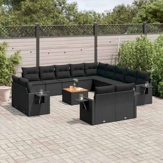 vidaXL 14-delssofasæt med hynder i polyrattan sort