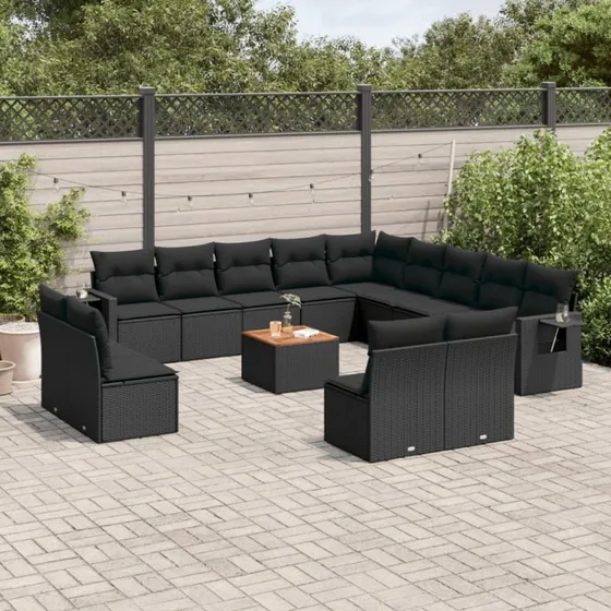 vidaXL 14-delssofasæt med hynder, polyrattan, sort