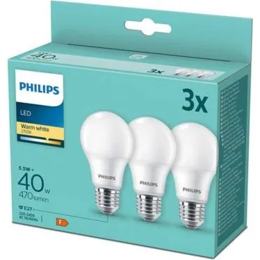 Philips LED Pære E27 5,5W 470 lm 2700K 3-pak
