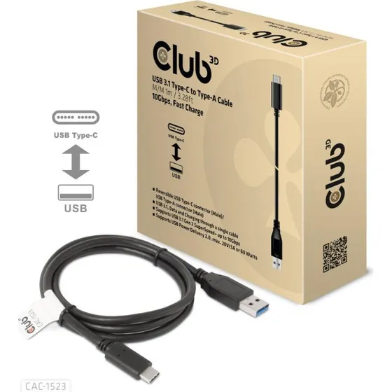 Club 3D USB-C til USB-A 1 m 60W 10 Gbps Sort