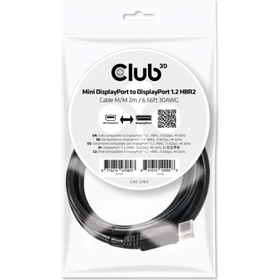 Club 3D Mini DisplayPort til DisplayPort 2 m, sort