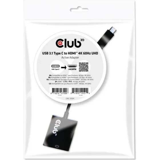 Club 3D CAC-2504 USB-C til HDMI 2.0 4K 60 Hz Adapter, Sort