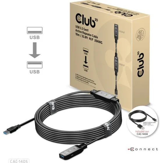 Club 3D USB 3.2 Gen1 Aktiv Forlængerkabel 10m Sort