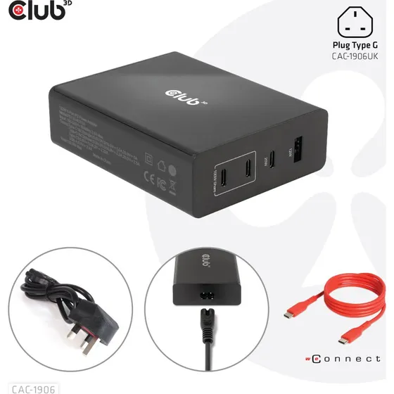 Club 3D CAC-1906 132W GaN-rejseoplader med 3x USB-C + 1x USB-A