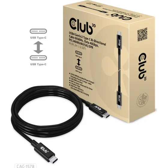 Club 3D USB4 Gen3x2 USB-C kabel 2m Sort