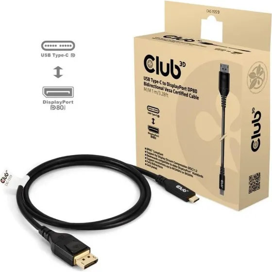 Club 3D DP80 USB-C til DisplayPort 2.1 kabel 1 m, sort