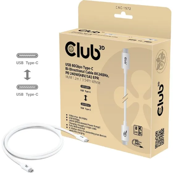 Club3D CAC-1570 USB4 80Gbps 1,2m 240W 8K240Hz Hvid
