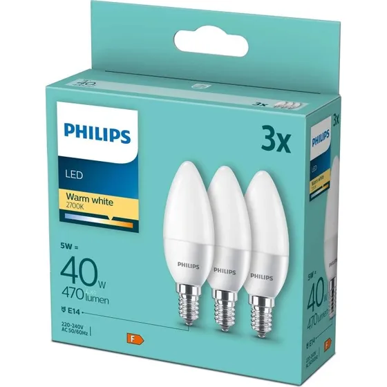 Philips 3-pak LED E14 Kron 5W (40W) Frost 2700K 470lm