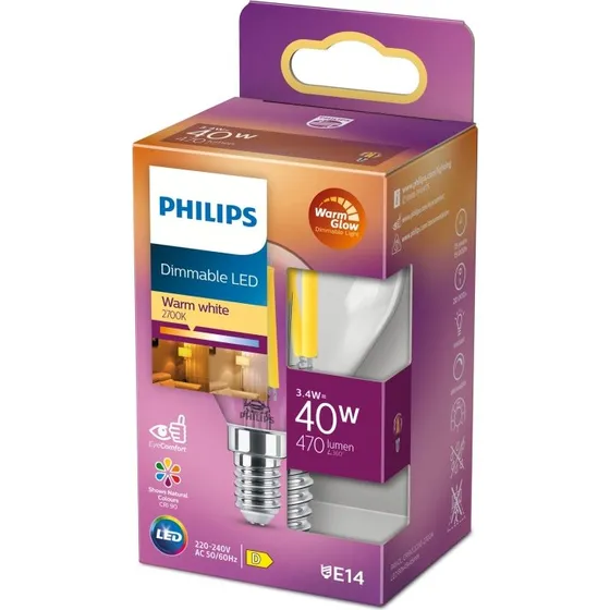 Philips LED E14 Klot 3,4W (40W) Klar Dim WarmGlow 470