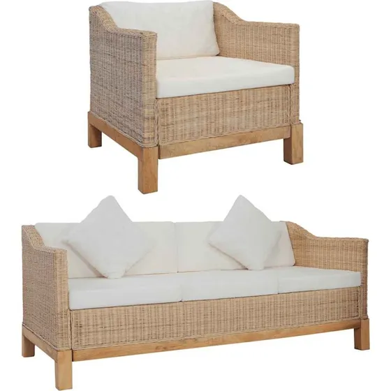 vidaXL 2-delssæt med rattan, natur + cremefarve