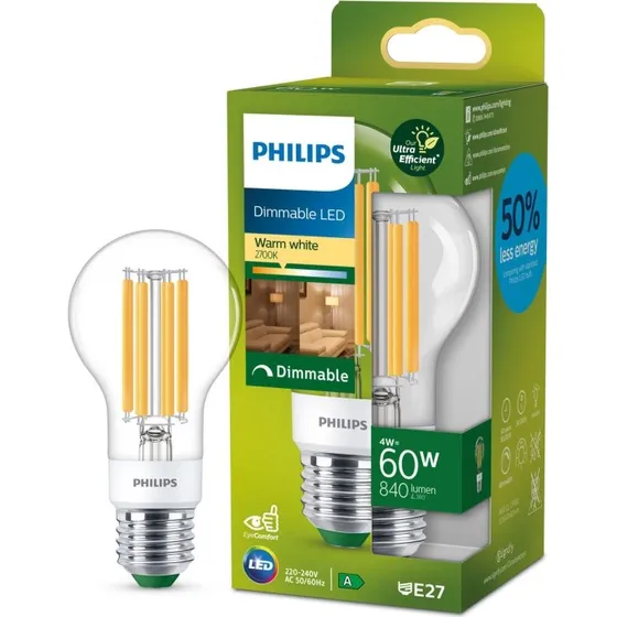 Philips LED E27 4W 2700K Dimbar 840lm A60 Klar