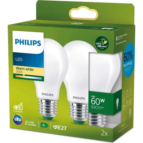 Philips LED E27 4W 2700K 840lm 2-pak Frosted