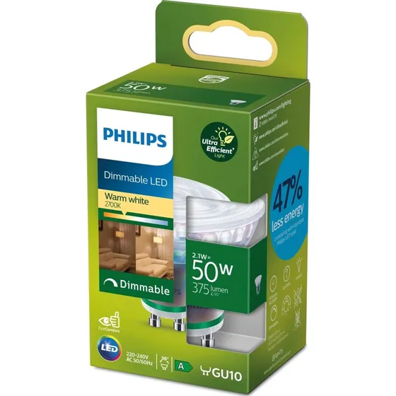 Philips LED GU10 2,1W 375lm 2700K Dæmpbar PAR16