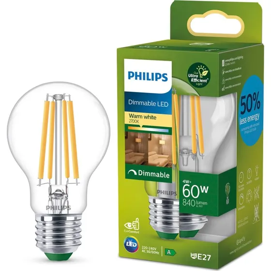 Philips LED E27 A60 4W 2700K 840lm Dæmpbar Energiklasse A