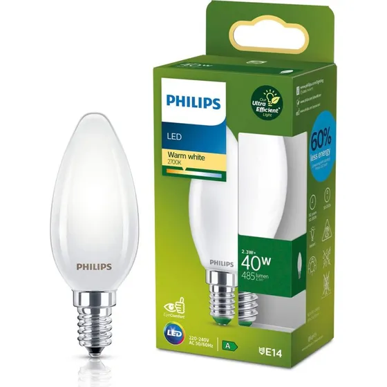Philips LED E14 B35 2,3W 2700K Frosted 485lm A