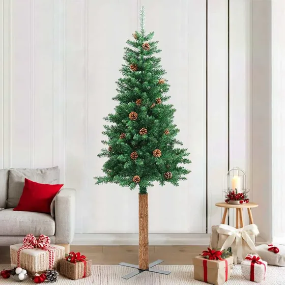 vidaXL Smalt Juletræ 210 cm PVC Grøn med Ægte Træ og Grankogler