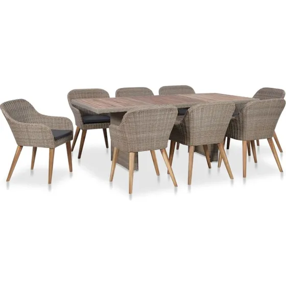 vidaXL Udendørs Spisebordssæt 9 Dele Med Hynder Polyrattan - Brun