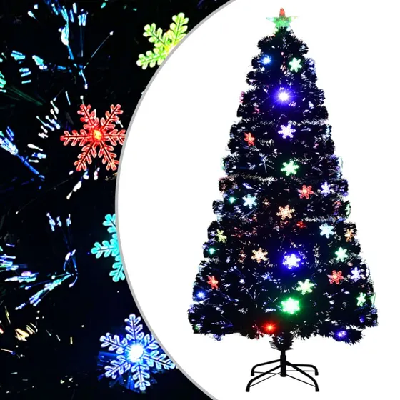 vidaXL juletræ 120 cm med LED-snefnug og fiberoptik, sort