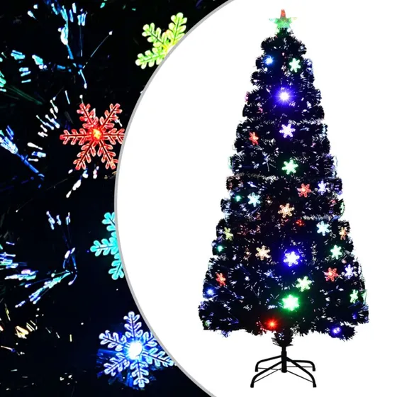 vidaXL juletræ 150 cm med LED-snefnug og fiberoptik, sort
