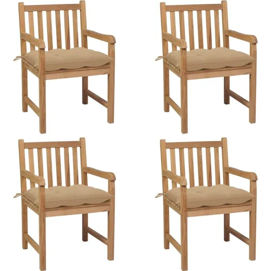 vidaXL Havestole 4 stk. med beige hynder, massivt teaktræ