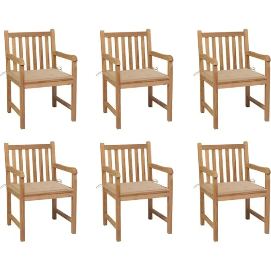 vidaXL Havestole 6 stk. med beige hynder, massivt teaktræ