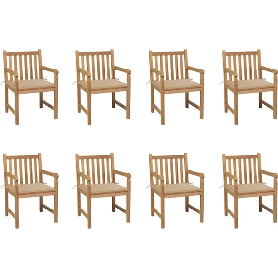 vidaXL Havestole 8 stk. med beige hynder, massivt teaktræ
