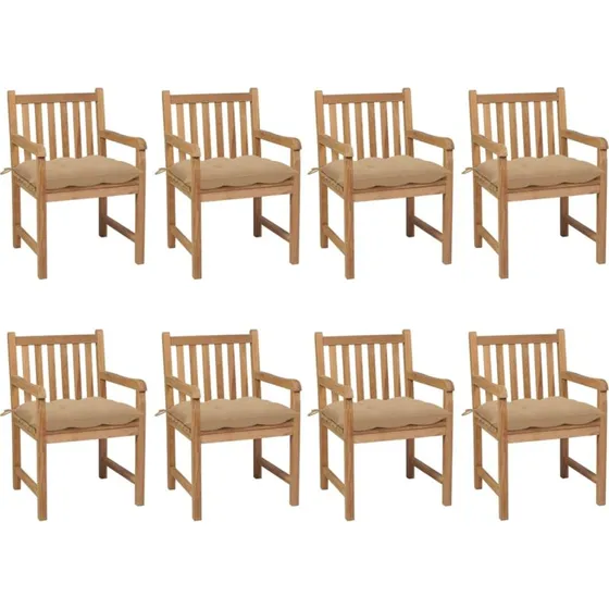 vidaXL Havestole 8 stk. med beige hynder, massivt teaktræ