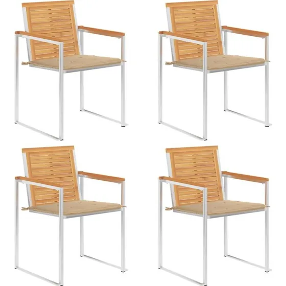 vidaXL Havestole 4 stk. med hynder, massivt teaktræ, beige