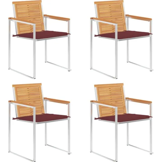 vidaXL Havestole 4 stk. med hynder, massivt teaktræ, rustfrit stål