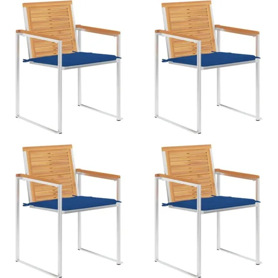 vidaXL Havestole 4 stk. med hynder, massivt teaktræ, rustfrit stål