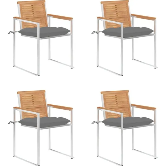 vidaXL Havestole 4 stk. med hynder, massivt teaktræ, rustfrit stål