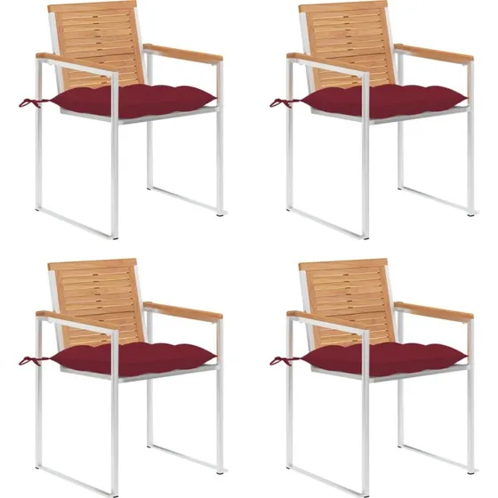 vidaXL Havestole 4 stk. med hynder, massivt teaktræ, rustfrit stål