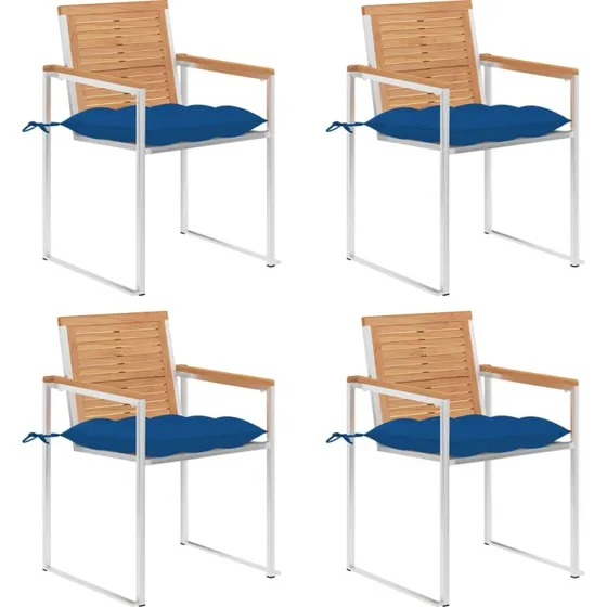 vidaXL Havestole 4 stk. med hynder, massivt teaktræ, rustfrit stål