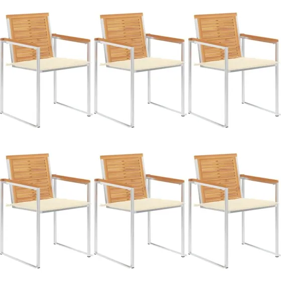 vidaXL Havestole 6 stk. med hynder, massivt teaktræ, creme