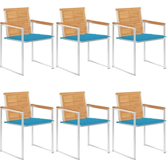 vidaXL Havestole 6 stk. med hynder, massivt teaktræ, rustfrit stål