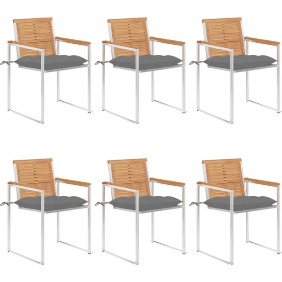 vidaXL Havestole 6 stk. med hynder, massivt teaktræ, rustfrit stål