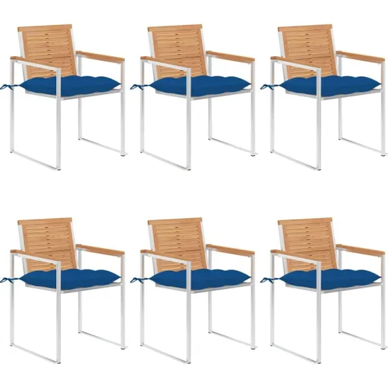 vidaXL Havestole 6 stk. med hynder, massivt teaktræ, rustfrit stål