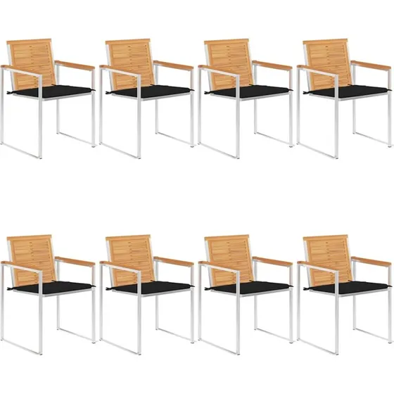vidaXL Havestole 8 stk. med hynder, massivt teaktræ, rustfrit stål