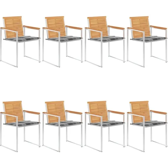 vidaXL Havestole 8 stk. med hynder, massivt teaktræ, rustfrit stål