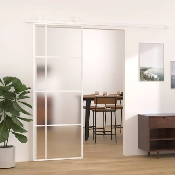 vidaXL Skydedør 76x205 cm hvid hærdet matteret glas & aluminium